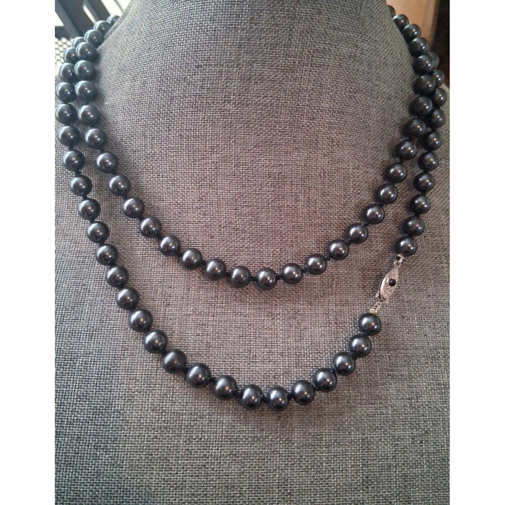 Signed Japan vintage glass faux metallic tone pearl necklace, individual knotted